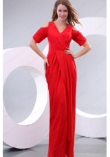 Red Column V Neck Floor Length Short Sleeves Prom Dress with Silt