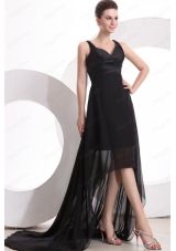 Black V Neck High Low Ruching Decorate Prom Dress with Sweep Train