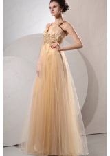 A Line Gold Straps Appliques and Ruching Floor Length Organza Prom Dress
