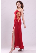 Column Strapless Appliques Ankle Length Chiffon Prom Dress with Side Zipper
