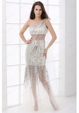 Column Silver One Shoulder Sequin Floor Length Prom Dress