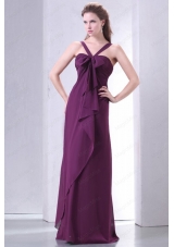 Purple Empire V Neck Straps Prom Dress with Bowknot