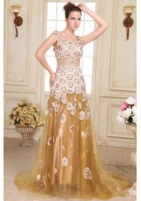 Champagne Empire Straps Appliques Prom Dress with Brush Train