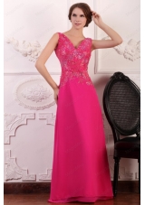 V Neck Empire Chiffon Appliques with Beading Prom Dress in Hot Pink