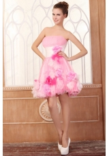 Strapless Short Hand Made Flowers Mini Length Pink Prom Dress