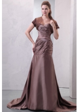 Sweetheart A Line Ruching Decorate Chocolate Prom Dress with Train
