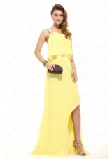 Simple Column Light Yellow One Shoulder Beading High Low Chiffon Prom Dress