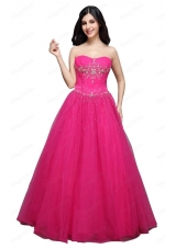 A Line Strapless  Hot Pink Appliques Organza Beading Prom Dress