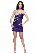 Column Eggplant Purple One Shoulder Long Sleeves Beading Prom Dress