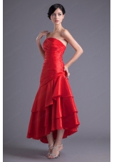 A Line Wine Red Strapless Ruching Asymmetrical Prom Dress