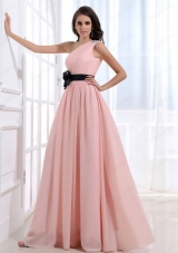 Empire One Shoulder Floor Length Pink Ruching Prom Dress with Side Zipper