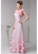 One Shoulder Pink Organza Hand Made Flowers Prom Dress