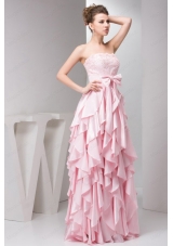 Pretty Empire Strapless Taffeta Ruffles and Bowknot Pink Prom Dress