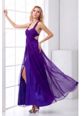 Purple Empire Straps Ruching Ankle Length Prom Dress with Criss Cross