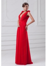 Red Empire V Neck Chiffon Floor Length Ruching Prom Dress