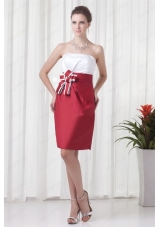 Column Strapless Red and White Mini Length Ruching Prom Dress