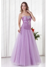 2014 A Line Strapless Lilac Beading Tulle Prom Dress with Lace Up