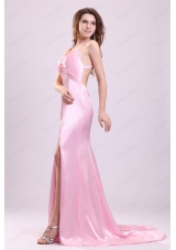 Elegant Pink Column Halter Brush Train Criss Cross Prom Dress with Beading