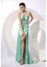 Apple Green Column Brush Train Beading Criss Cross Prom Dress with Halter