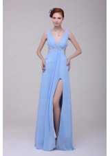 Light Blue V Neck Beading and High Silt Prom Dress in Chiffon