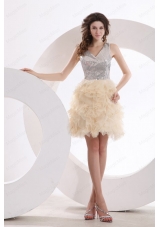 A Line Champagne V Neck Sequins Knee Length Prom Dress