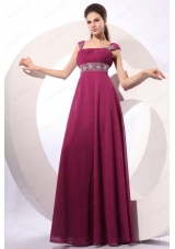 Empire Purple Straps Beading Chiffon Floor Length Prom Dress