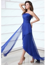 Blue Column One Shoulder Ruching High Low Chiffon Prom Dress