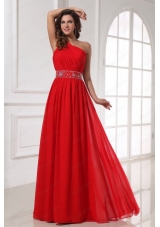 Red One Shoulder Beaded Decorate Waist Floor-length Prom Dress