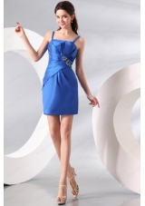 Column Straps Blue Ruching and Beading Short Prom Dress
