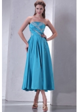 Teal Empire Strapless Tea-length Prom Dress with Beading