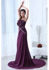 Column Purple One Shoulder  Beading and Ruching Prom Dress