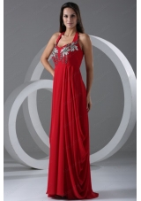 Wine Red Empire Halter Top Prom Dress with Beading