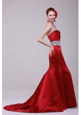 2015 Spring Mermaid Brush Train Beading and Ruching Affordable Prom Dress with Strapless