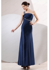 Navy Blue Column One Shoulder Ankle-length Elastic Woven Satin Beading Prom Dress with Criss Cross