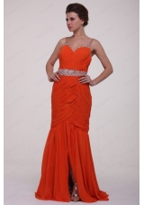Brush Train Orange Red Spaghetti Straps Prom Dress with Beading