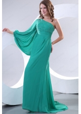Green One Shoulder Long Sleeve Beaded Decorate Prom Dress for 2015