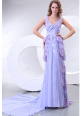 Column V-neck Chiffon Lace Watteau Train Prom Dress for 2015 Spring