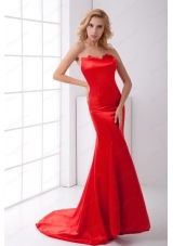 Column Sweetheart Red  Brush Train Ruching Prom Dress