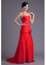 Column Spaghetti Straps Wine Red Ruching Hand Made Flower Brush Train Prom Dress