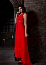 Empire V-neck Red Chiffon Floor-length Hand Made Flowers Side Zipper Prom Dress