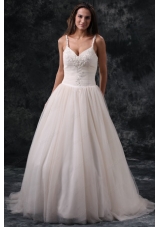 Fashionable A Line Straps Appliques Tulle Wedding Dress in Champagne