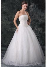 Ball Gown Strapless Beading Tulle Wedding Dress with Floor Length