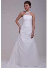 A Line Halter Ruching and Appliques Chiffon Wedding Dress