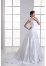 Elegant A Line Strapless Lace Taffeta Chapel Train Wedding Dress