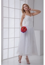 Simple Spaghetti Straps Ankle Length A Line Wedding Dress with Ruching