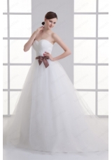 A Line Sweetheart Sash Ruching Tulle Wedding Dress