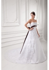 Discount A Line Strapless Court Train Wedding Dress with Sash