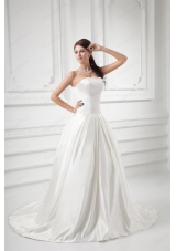 Elegant A Line Strapless Sweep Train Wedding Dress with Satin