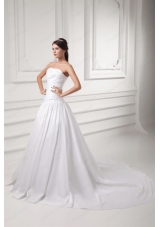 Gorgeous A Line Strapless Chapel Train Wedding Dress with Beading
