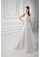 Elegant A Line V Neck Court Train Wedding Dress with Beading and Ruching